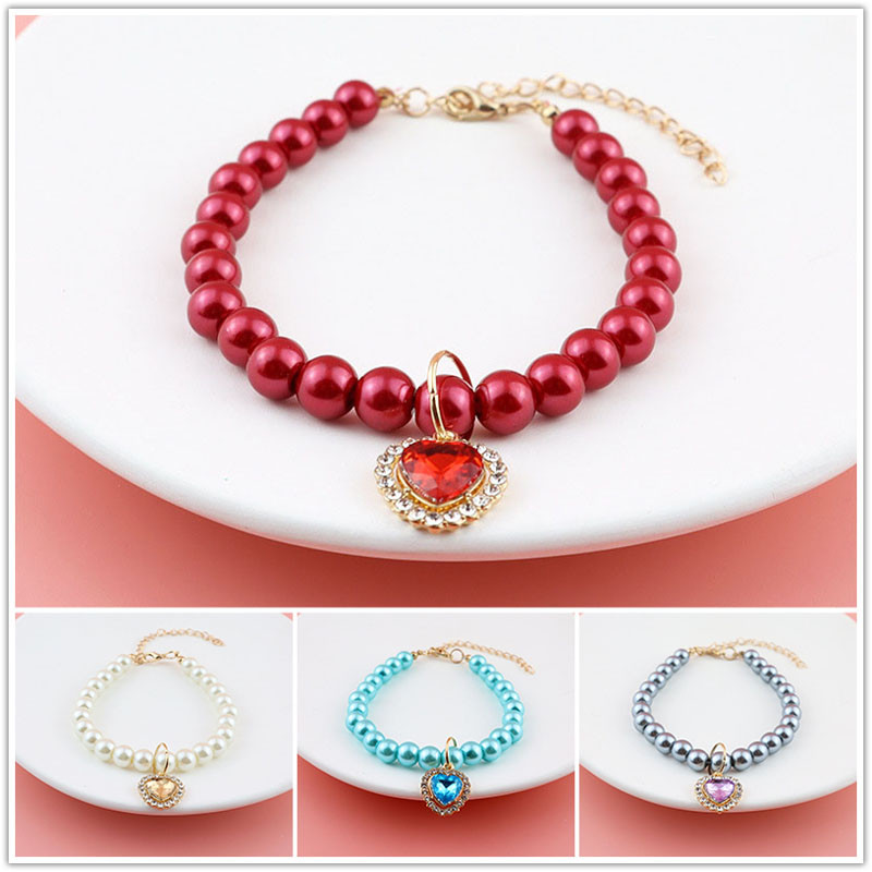 1PC Ogrlica za pse, biserna ogrlica s vještačkim dijamantima, privjesak u obliku ljubavi, podesiva ogrlica za pse, mačka, ogrlica, dodaci za kućne ljubimce