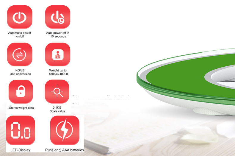 Vruće 2022 Velika kupaonska vaga od kaljenog stakla Elektronske podne vage Okrugli crno zeleni LED zaslon za napajanje LED noć