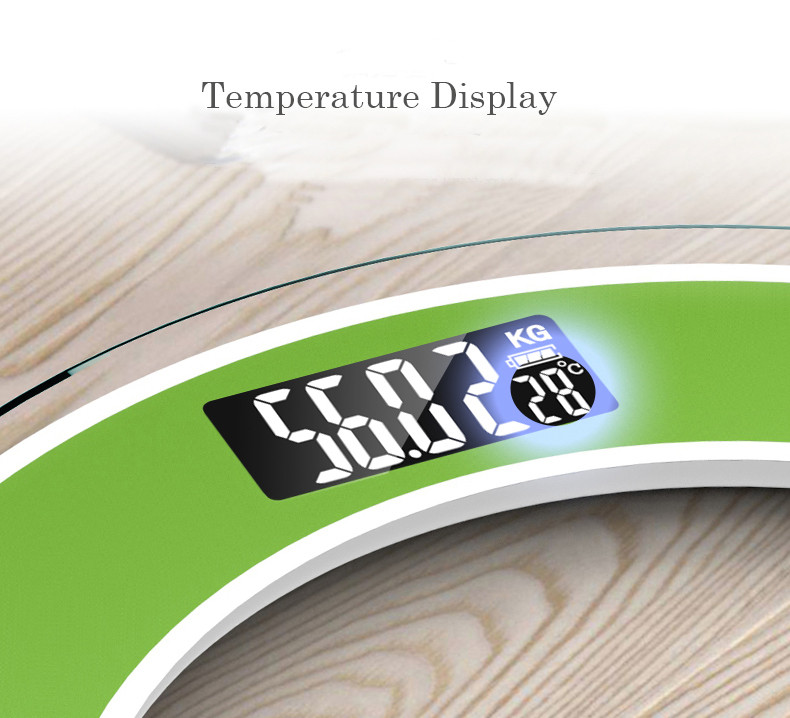 Vruće 2022 Velika kupaonska vaga od kaljenog stakla Elektronske podne vage Okrugli crno zeleni LED zaslon za napajanje LED noć