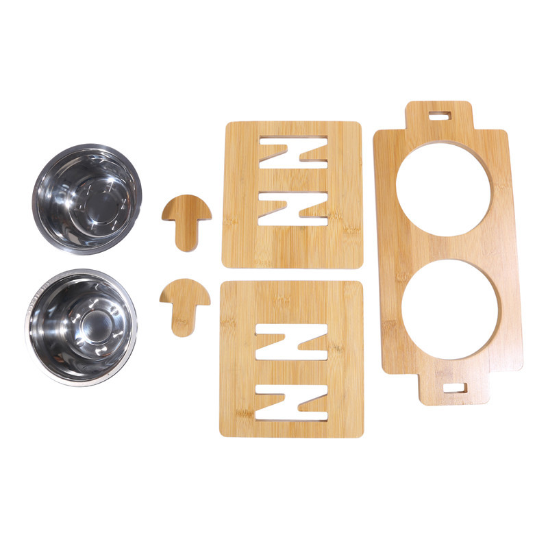 Bambusa paaugstinātas suņu bļodas ar regulējamu statīvu, paceltu kucēnu kaķu barību ūdens bļodas, turētājs trušu barotājs mazam un vidējam mājdzīvnieku sunim