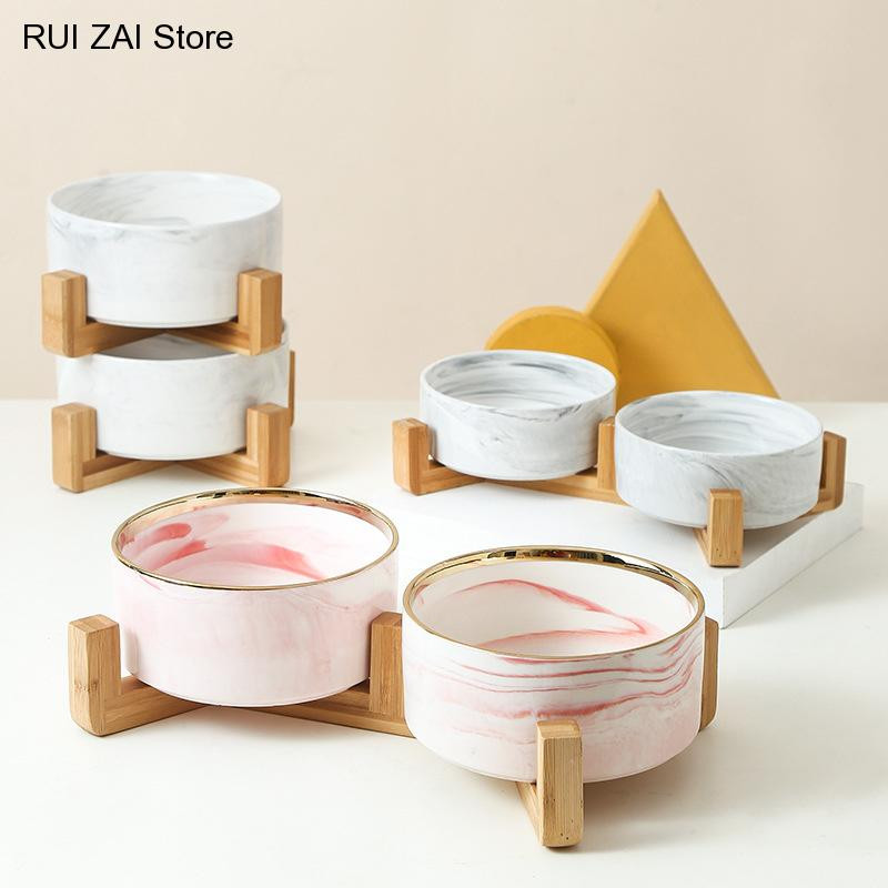 Hranilica za kućne ljubimce za velike mačke s ravnim licem Štenci Mramorna keramička zdjela za pse Zdjele za mačju hranu i vodu Posuda s drvenim stalkom Teška težina