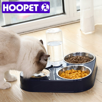 HOOPET Pet Bowl Cat Double Bowls Хранилка за вода и храна с автоматичен диспенсер за вода Мокри и сухи отделни купи за котки, кучета, три купи