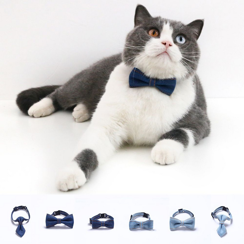 Skaisti vienkrāsaini mājdzīvnieki kaķu kaklasiksnas Regulējamas kucēnu čivavas kaklarotas drošības sprādzes džinsa kaķēnu tauriņa kaklasaite truša kaklasaite