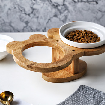 Νέα Amboo Wood Ceramics Προμήθειες για κατοικίδια μπολ για γάτες Διπλά μπολ Προστασία μπολ φαγητού νερού σπονδυλικής στήλης Λοξός τροφοδότης κατοικίδιων ζώων