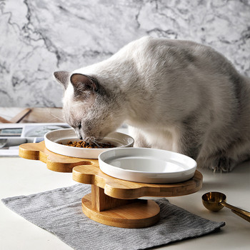 Νέα Amboo Wood Ceramics Προμήθειες για κατοικίδια μπολ για γάτες Διπλά μπολ Προστασία μπολ φαγητού νερού σπονδυλικής στήλης Λοξός τροφοδότης κατοικίδιων ζώων