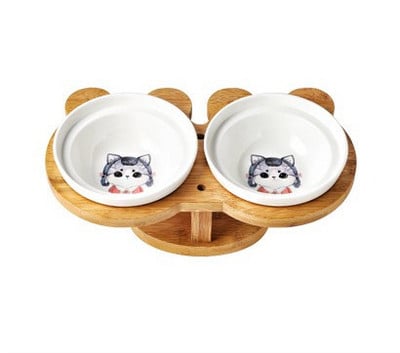 Jauni Amboo koka keramikas izstrādājumi kaķu bļodām mājdzīvnieku piederumi, dubultie trauki, pārtikas ūdens bļodas aizsardzība, mugurkaula augsta pēda, slīpa mājdzīvnieku barotava
