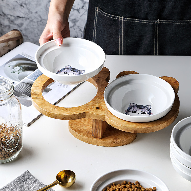 Jauni Amboo koka keramikas izstrādājumi kaķu bļodām mājdzīvnieku piederumi, dubultie trauki, pārtikas ūdens bļodas aizsardzība, mugurkaula augsta pēda, slīpa mājdzīvnieku barotava