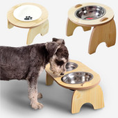 Ulmpp Pet Cat Dog 2 bļoda ar koka statīvu kucēnu barotavas ūdens dozators dzemdes kakla aizsargs, nerūsējošā tērauda keramikas piederumi suņiem