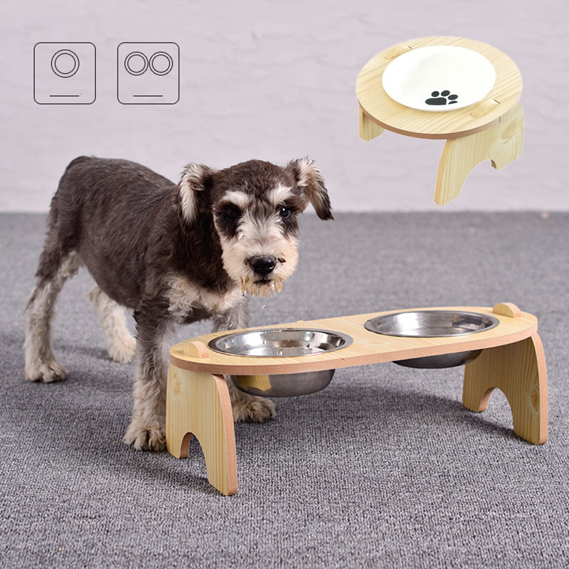 Ulmpp Pet Cat Dog 2 bļoda ar koka statīvu kucēnu barotavas ūdens dozators dzemdes kakla aizsargs, nerūsējošā tērauda keramikas piederumi suņiem