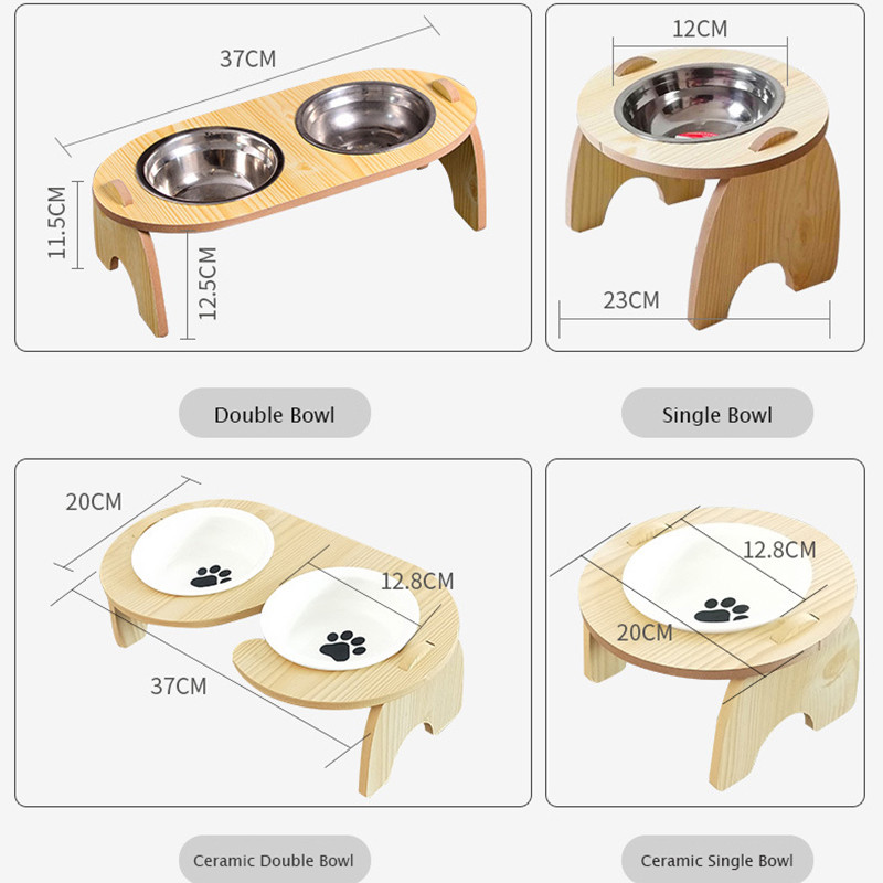 Ulmpp Pet Cat Dog 2 bļoda ar koka statīvu kucēnu barotavas ūdens dozators dzemdes kakla aizsargs, nerūsējošā tērauda keramikas piederumi suņiem