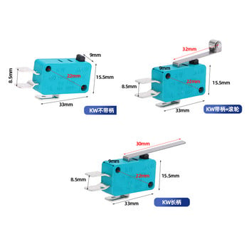 Διακόπτης κουμπιού ίντσας δεξιά γωνία Μικροδιακόπτης δύο ακίδων Kw3-0z Διακόπτης ελαφριάς επαφής Kw3-oz 16A Ασημί επαφή