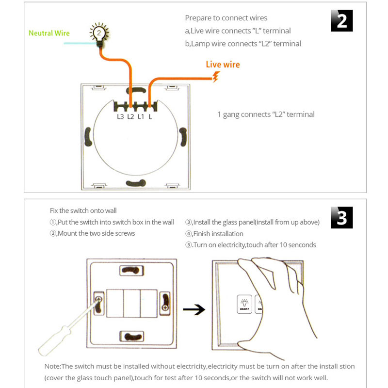 AXUS seina puutelüliti EL standardne karastatud klaaspaneel 1/2/3 Gang 1-way valgusanduri lüliti veekindel 10A 110-220V lambi lüliti