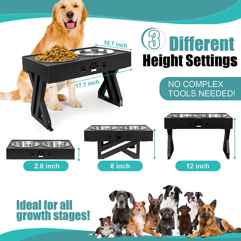 ATUBAN regulējama pacelta suņu bļoda ar 2 nerūsējošā tērauda suņu barības bļodām, neslīdošs, neizšļakstīts suņu trauks, regulējams līdz 3 augstumiem