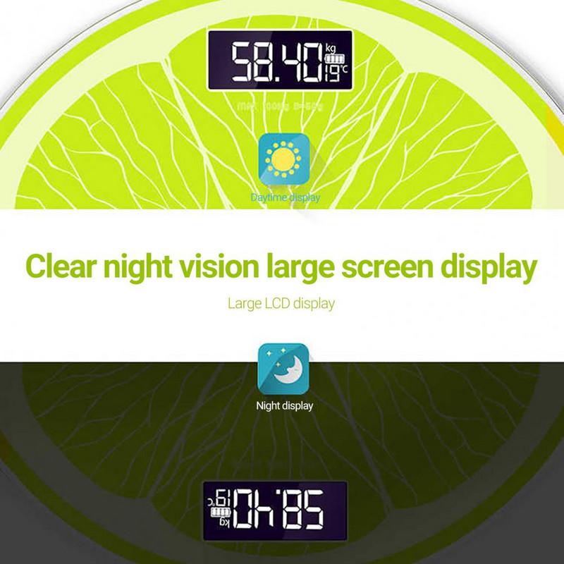 Digitalna vaga za mjerenje težine Senzor gravitacije Zaslon temperature LCD Zaslon za noćno gledanje Limun Okrugla kupaonska vaga za vaganje