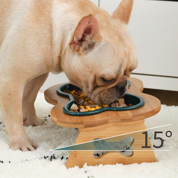 Σχήμα οστού για κατοικίδια Σκύλοι Μπολ Ξύλινο ράφι 15° με κλίση ανυψωμένο κατά του εμετού Πιάτα ταΐσματος τροφών Αντιολισθητική τροφοδοσία κατοικίδιων