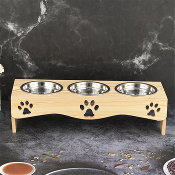 3 Купа за кучета от неръждаема стомана с дървена основа Стоки за домашни любимци Хранилки за котки