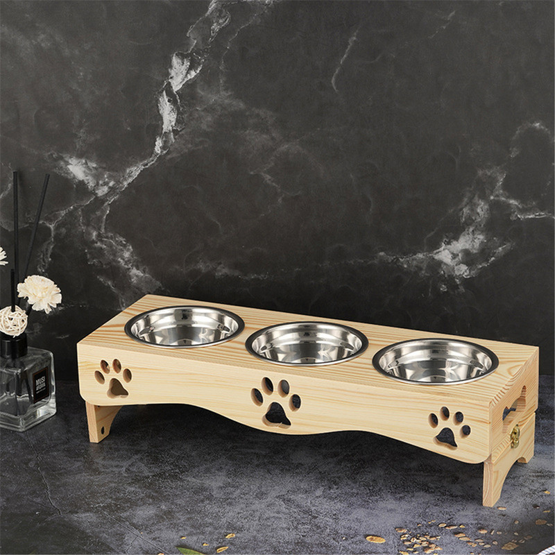 3 zdjele za pse od nehrđajućeg čelika s drvenom podlogom. Oprema za kućne ljubimce. Hranilice za pse