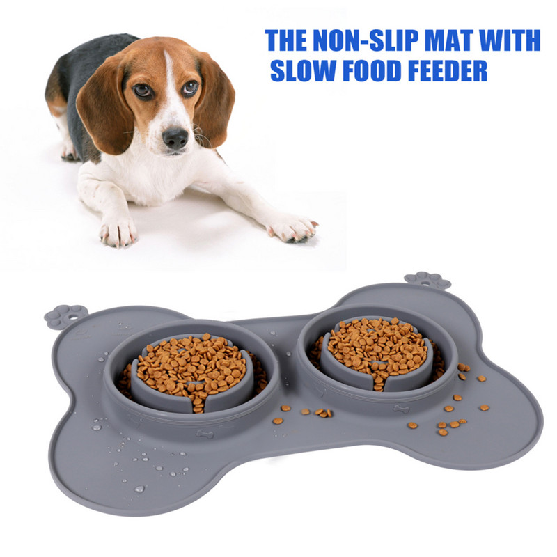 2Gb mājdzīvnieku bļoda, silikona lēna padevēja ar paplāti, neslīdošu paklājiņu Dzeramais ēdiens Barošanai Bļoda kaķiem un suņiem Mājdzīvnieku piederumi