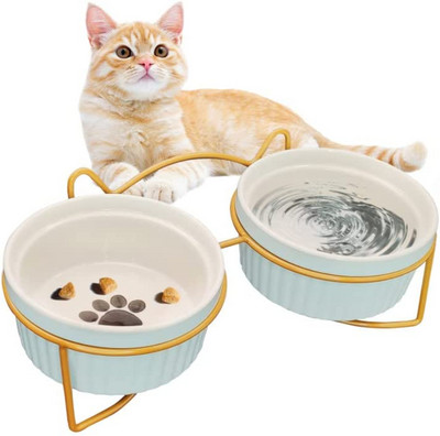 ATUBAN Raised Cat Bowl Κεραμικά διπλά μπολ με μεταλλική βάση ανυψωμένη τροφή για κατοικίδια και νερό σετ πιάτων για γατάκι γατάκι κουταβάκι