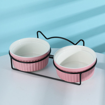 ATUBAN Повдигната купа за котки Керамични двойни купи с метална стойка Повдигнат комплект съдове за храна и вода за домашни любимци за котка коте кученце куче