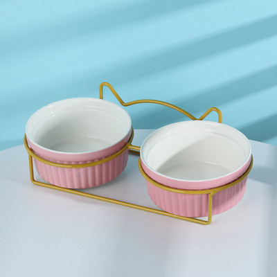 ATUBAN Повдигната купа за котки Керамични двойни купи с метална стойка Повдигнат комплект съдове за храна и вода за домашни любимци за котка коте кученце куче