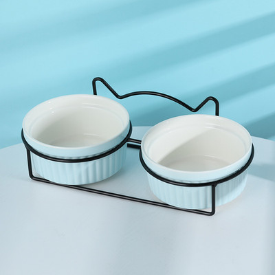 ATUBAN Повдигната купа за котки Керамични двойни купи с метална стойка Повдигнат комплект съдове за храна и вода за домашни любимци за котка коте кученце куче