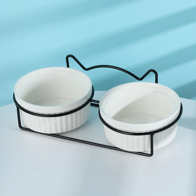 ATUBAN Повдигната купа за котки Керамични двойни купи с метална стойка Повдигнат комплект съдове за храна и вода за домашни любимци за котка коте кученце куче