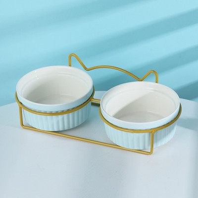 ATUBAN Повдигната купа за котки Керамични двойни купи с метална стойка Повдигнат комплект съдове за храна и вода за домашни любимци за котка коте кученце куче