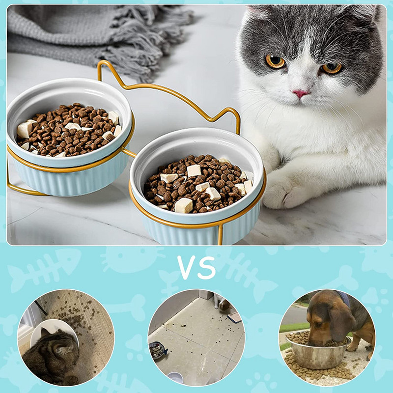 ATUBAN Повдигната купа за котки Керамични двойни купи с метална стойка Повдигнат комплект съдове за храна и вода за домашни любимци за котка коте кученце куче