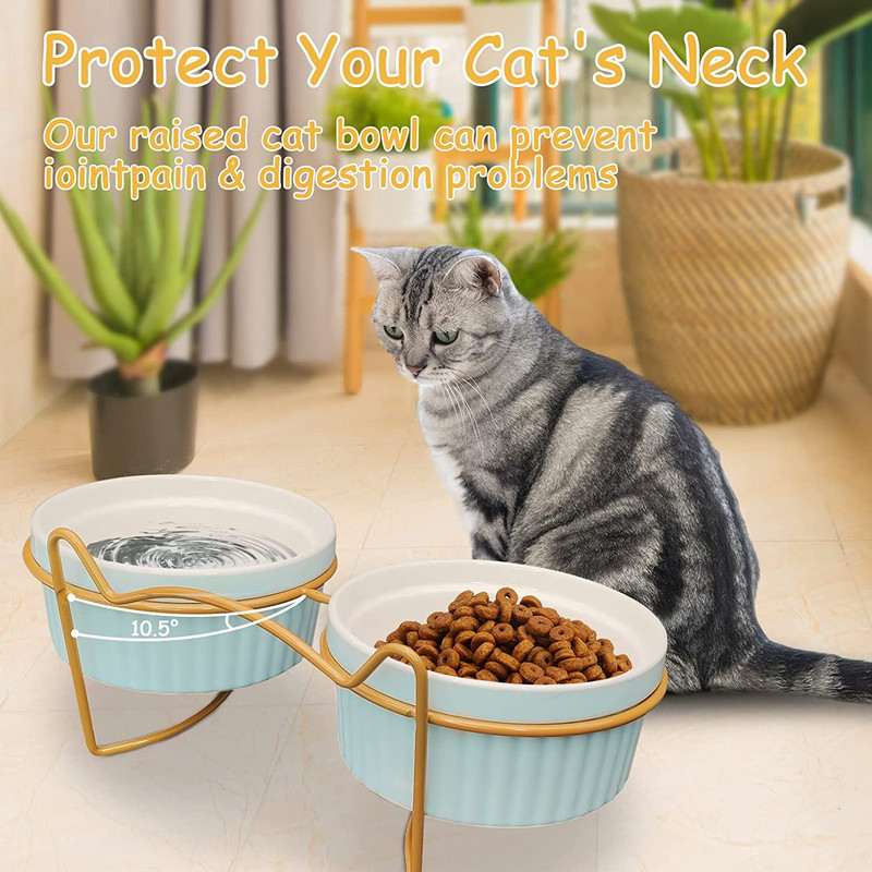ATUBAN Повдигната купа за котки Керамични двойни купи с метална стойка Повдигнат комплект съдове за храна и вода за домашни любимци за котка коте кученце куче