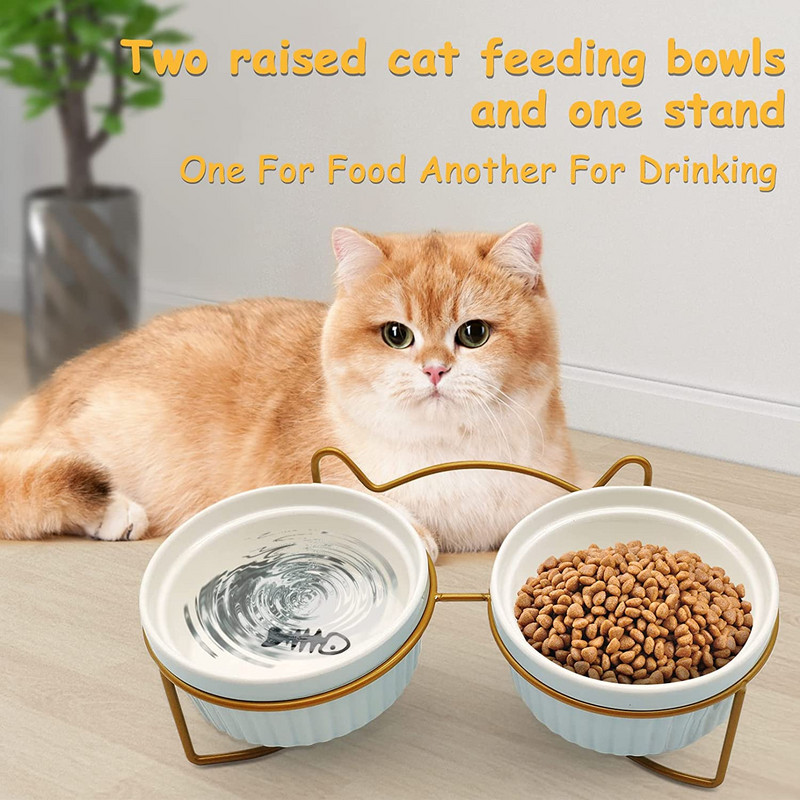 ATUBAN Повдигната купа за котки Керамични двойни купи с метална стойка Повдигнат комплект съдове за храна и вода за домашни любимци за котка коте кученце куче
