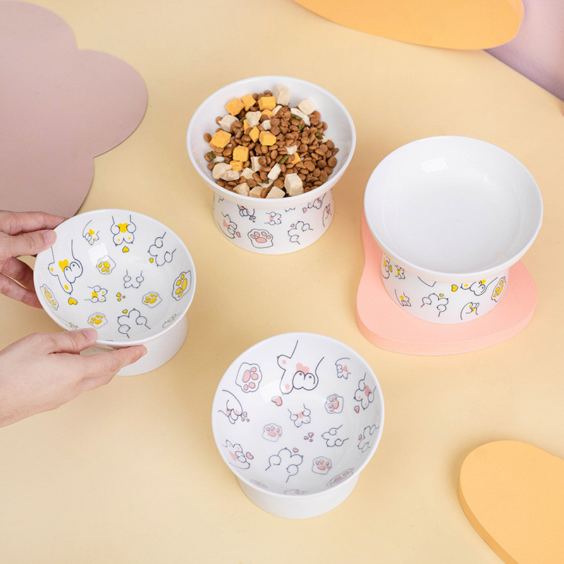 Mazie suņi multfilma keramikas bļoda paaugstināta kaķa dzeršana ēdināšana barotavas mājdzīvnieku noliekt aizsargā dzemdes kakla mugurkaula barošanas piederumi