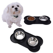 Противоплъзгаща двойна купа за кучета със силиконова подложка Издръжлива хранилка за храна от неръждаема стомана Хранене на домашни любимци Поилки за кучета Котки