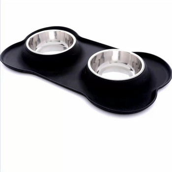 Противоплъзгаща двойна купа за кучета със силиконова подложка Издръжлива хранилка за храна от неръждаема стомана Хранене на домашни любимци Поилки за кучета Котки