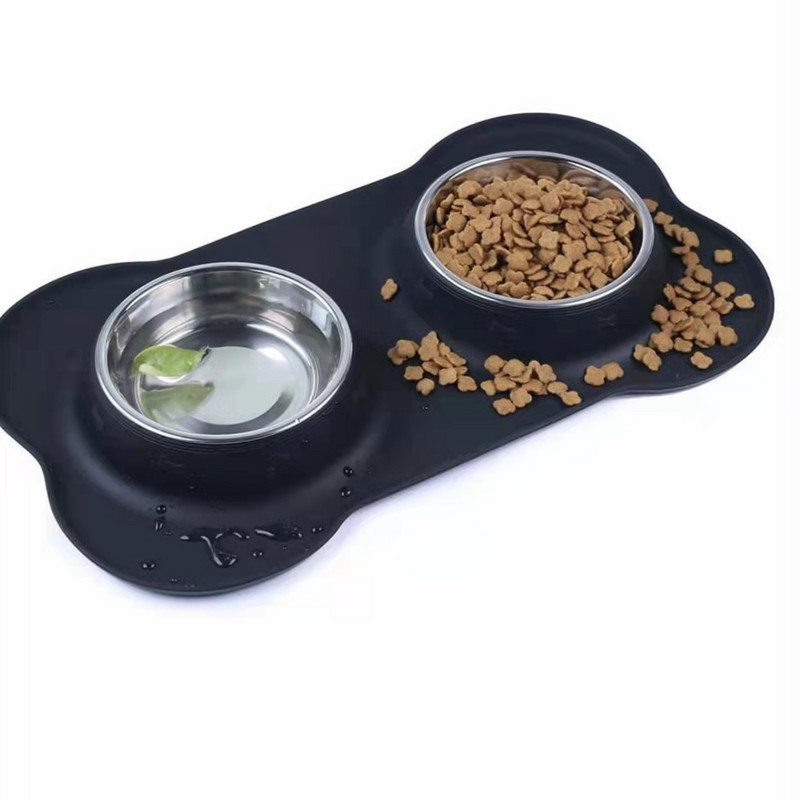 Противоплъзгаща двойна купа за кучета със силиконова подложка Издръжлива хранилка за храна от неръждаема стомана Хранене на домашни любимци Поилки за кучета Котки