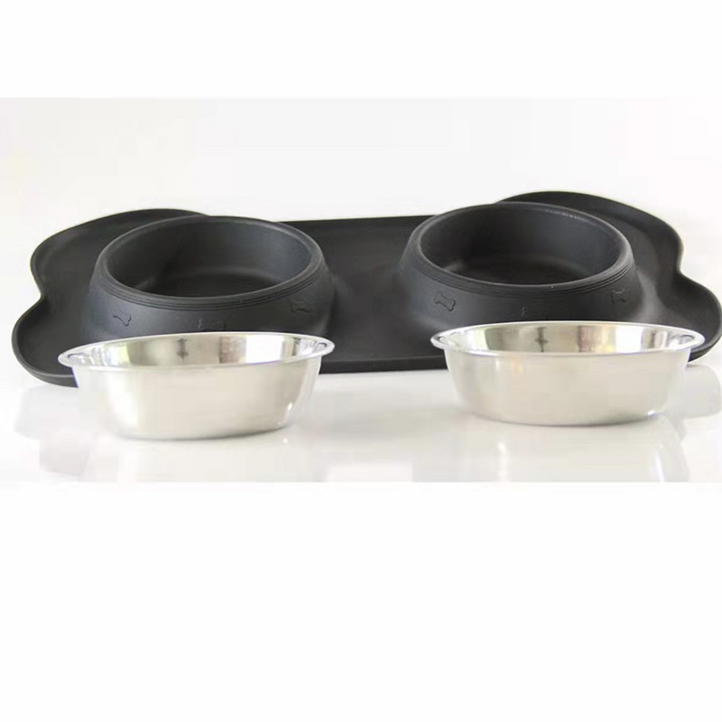 Противоплъзгаща двойна купа за кучета със силиконова подложка Издръжлива хранилка за храна от неръждаема стомана Хранене на домашни любимци Поилки за кучета Котки