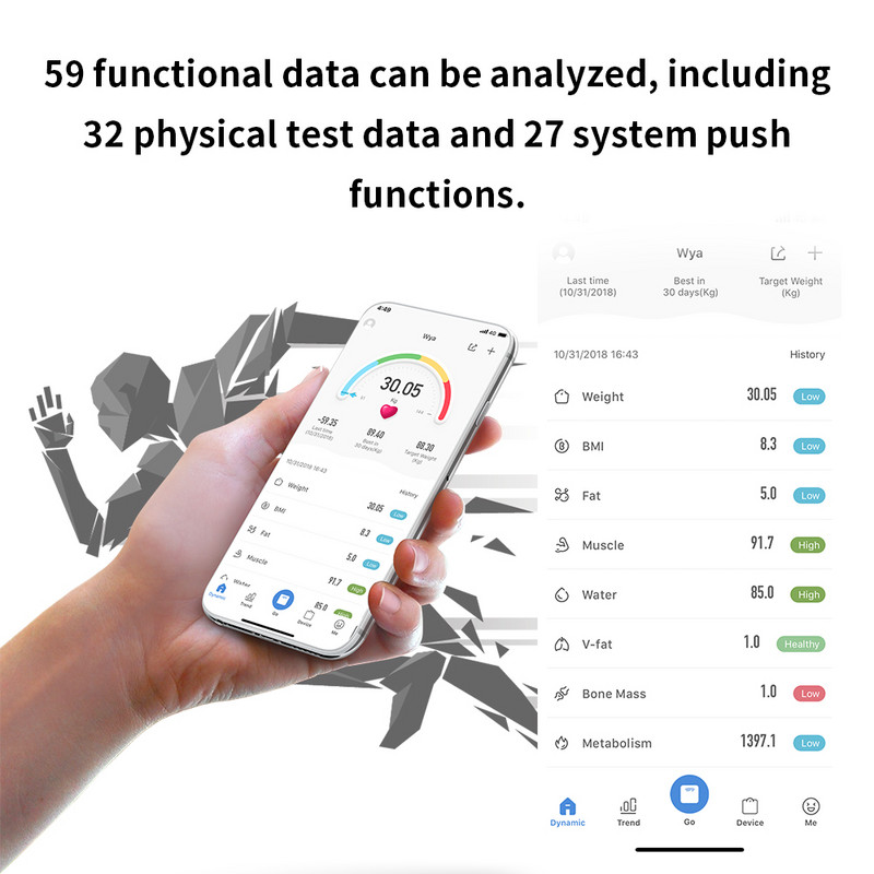 Digitaalne kaal keharasv Elektrooniline kaal kaalumine USB-taaslaetavad nutikalud 59 üksuse andmed BT ühendus hääledastus
