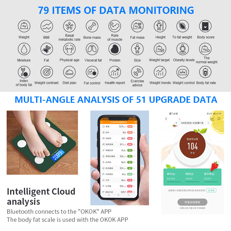 Bluetooth ķermeņa tauku skalas ĶMI sastāva analizators ar viedtālruņa lietotni Ķermeņa tauku digitālie svari līdzsvara grīdas vannas istabas svari