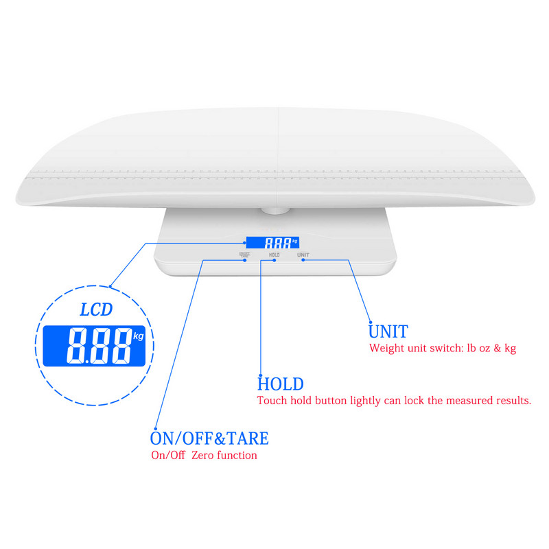 Vaga za bebe Vaga za kućne ljubimce Višenamjenska vaga za malu djecu s funkcijom držanja Plavo LED pozadinsko osvjetljenje Maksimalna težina 100 kg Maksimalna duljina pladanj 60 cm