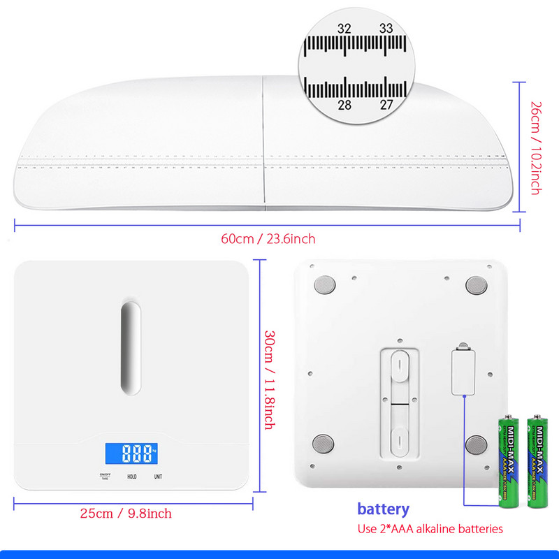 Vaga za bebe Vaga za kućne ljubimce Višenamjenska vaga za malu djecu s funkcijom držanja Plavo LED pozadinsko osvjetljenje Maksimalna težina 100 kg Maksimalna duljina pladanj 60 cm