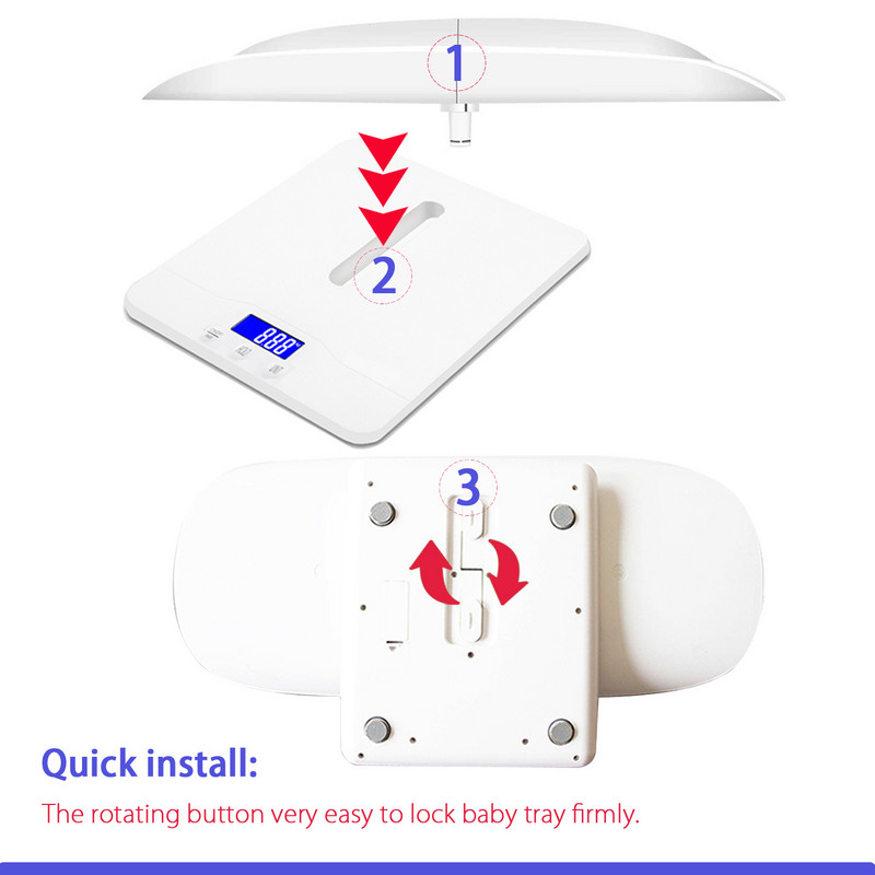 Vaga za bebe Vaga za kućne ljubimce Višenamjenska vaga za malu djecu s funkcijom držanja Plavo LED pozadinsko osvjetljenje Maksimalna težina 100 kg Maksimalna duljina pladanj 60 cm