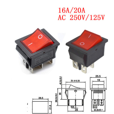 5GB KCD4 svirslēdzis Barošanas slēdzis 6kontakti 4kontakti 3pozīcija 2pozīcija ar gaismu 16A 250VAC 20A 125VAC Bultiņa ir atiestatīta