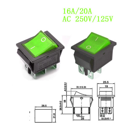 5GB KCD4 svirslēdzis Barošanas slēdzis 6kontakti 4kontakti 3pozīcija 2pozīcija ar gaismu 16A 250VAC 20A 125VAC Bultiņa ir atiestatīta