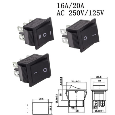 5GB KCD4 svirslēdzis Barošanas slēdzis 6kontakti 4kontakti 3pozīcija 2pozīcija ar gaismu 16A 250VAC 20A 125VAC Bultiņa ir atiestatīta