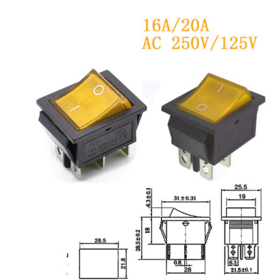 5GB KCD4 svirslēdzis Barošanas slēdzis 6kontakti 4kontakti 3pozīcija 2pozīcija ar gaismu 16A 250VAC 20A 125VAC Bultiņa ir atiestatīta