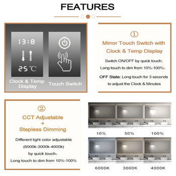 DC12V сензор за докосване с един бутон с дисплей за температура на часовника LED сензорен превключвател за огледало за баня Y5GB