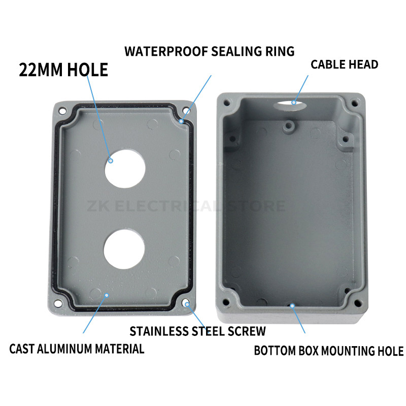 Metāla lieta alumīnija ūdensnecaurlaidīgs pogu slēdža vadības kārbas atvere 22 mm avārijas apturēšanas slēdža pogu kārba alumīnija sakausējuma 1234 caurums