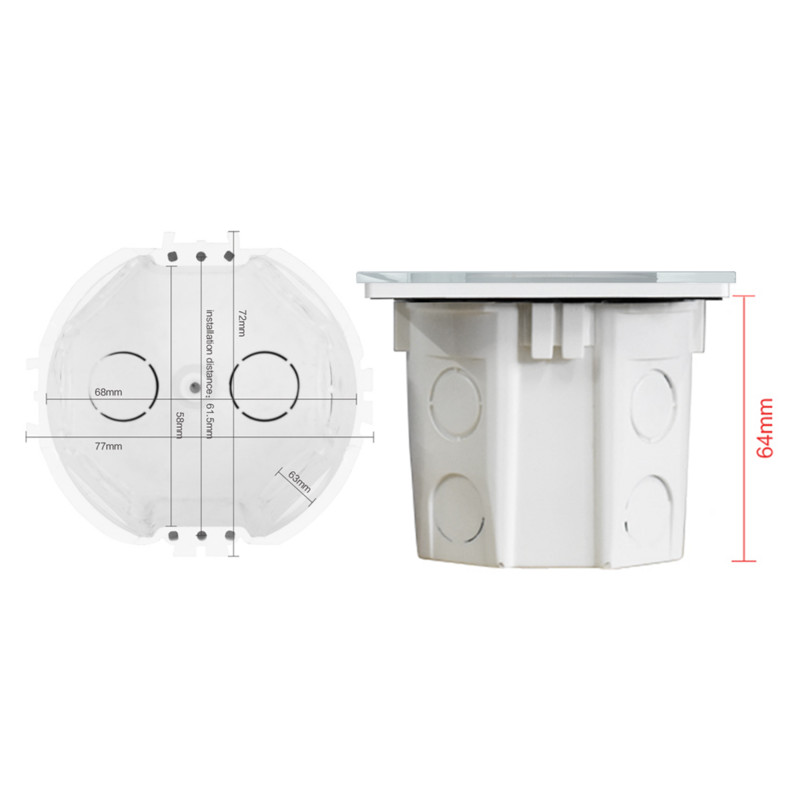 SRAN EU standard, seina ümmargune paigalduskarp, sisemine kassett, juhtmekarp, valge tagakarp EU lüliti ja pistikupesa jaoks