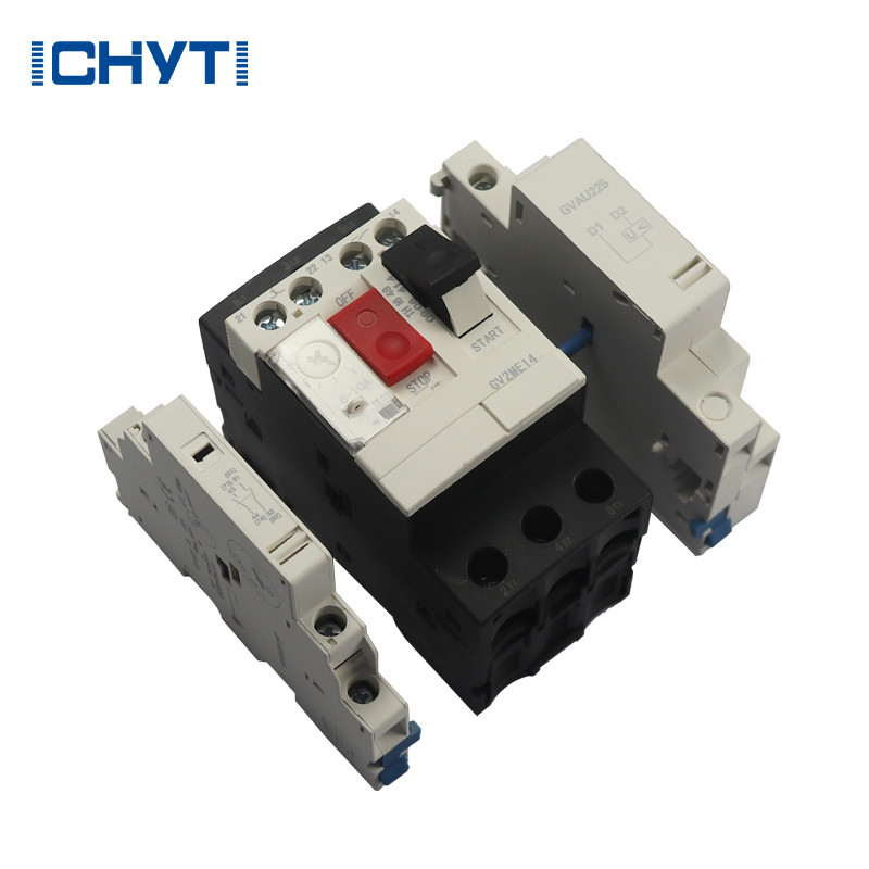 GV2ME motora ķēdes pārtraucējs MPCB priekšā un sānos uzstādīts GVAE/GVAN momentāna signāla palīgkontakts