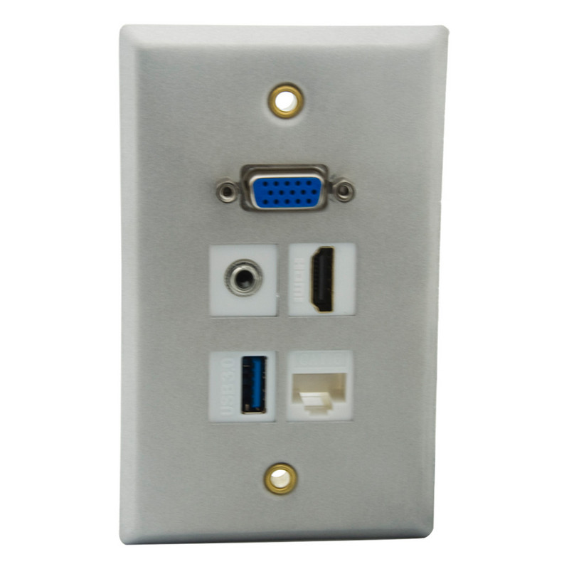 Single Gang Solid Style Alumīnija Metāla VGA HDMI USB3.0 3,5 mm Audio 3RCA AV CAT6 RJ45 Sieviešu un sieviešu sienas plāksnes priekšējā plāksne